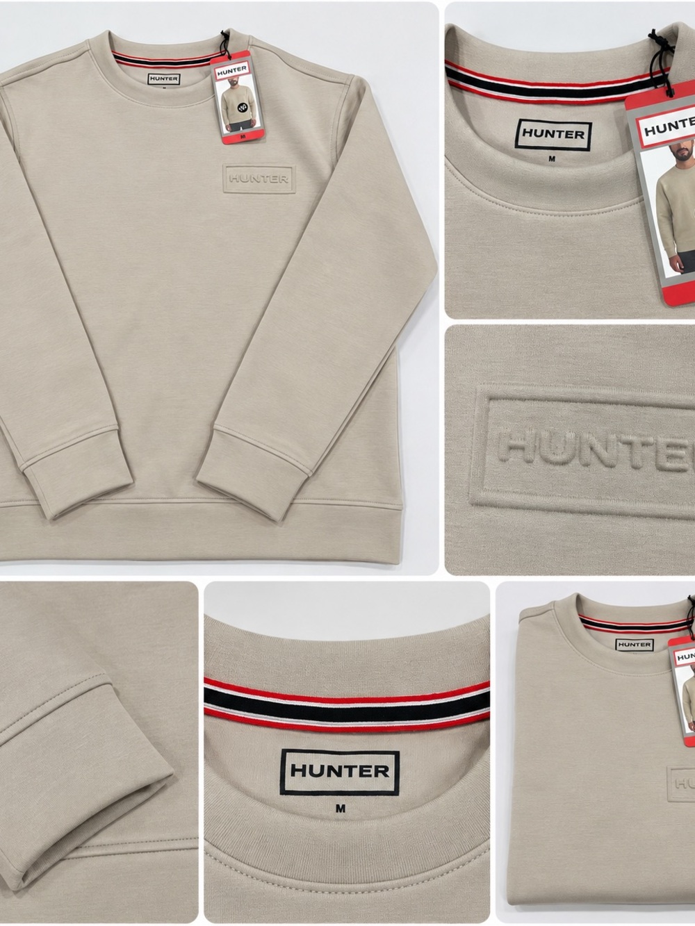 Hunter Mens Embossed Logo Crewneck Sweatshirt Beige Tan M NWT